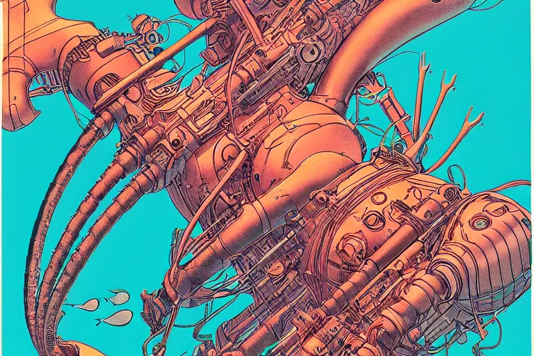 Prompt: risograph artwork of a biomechanical submarine underwater by Moebius and Alex Ross, intricately deteailed, trending on artstation