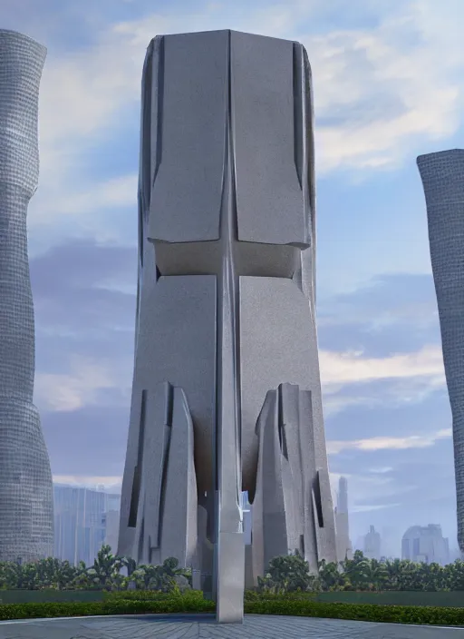 Image similar to highly detailed realistic architecture 3 d render of a futuristic stele monument in ieoh ming pei style standing in city park, archdaily, made in unreal engine 4 octane render