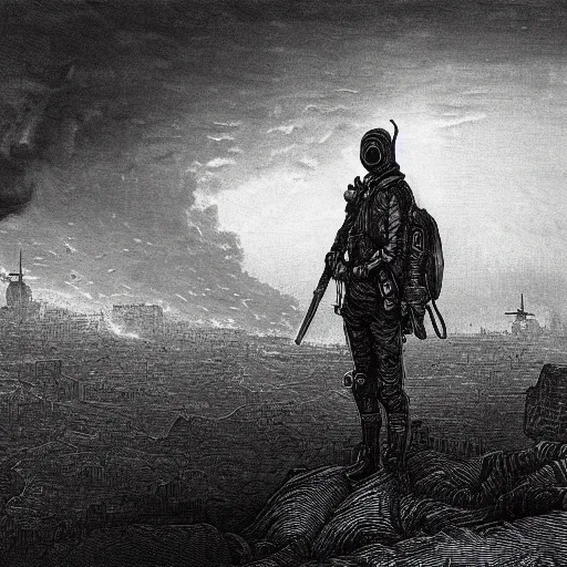 Prompt: apocalyptic landscape, soldier in gasmask, dark clouds, fire, dark, night, eerie, dystopian, city, end times, illustration by Gustave Doré