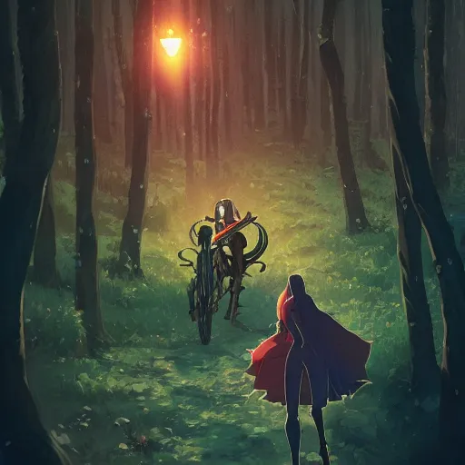 Prompt: the demon knight with long red hair rides her skeletal steed in the dark forest by studio ghibli, Makoto Shinkai, beeple, artgerm and Atey Ghailan, Goro Fujita, 4K, highly detailed, inspired by dark souls ((vibrant but dreary brown, blue and black color scheme))