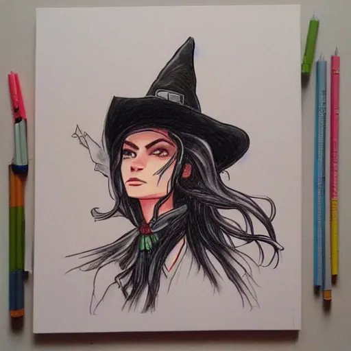 Image similar to beautiful cowboy witch, wild west, minimalist, concept art, colored pencil drawing, trending on artstation