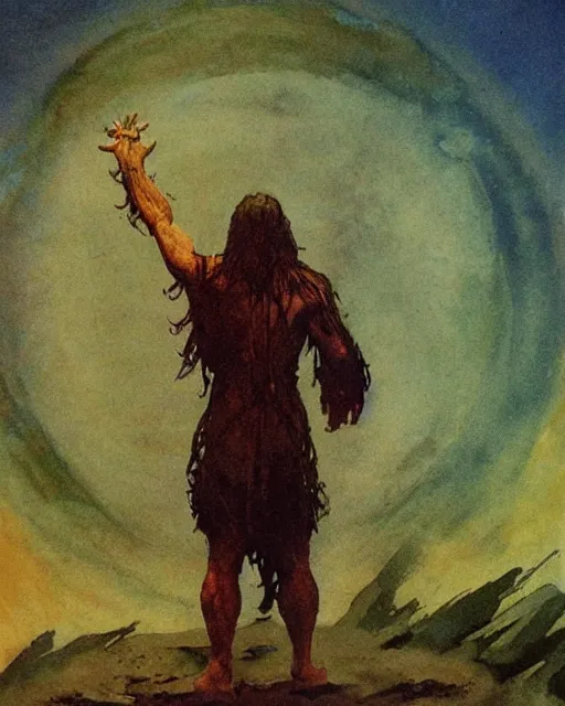 Prompt: a druid standing in a circle at the beginning of the world by frank frazetta