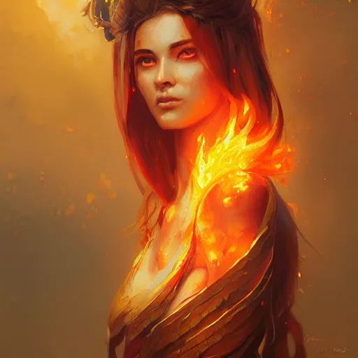 Image similar to a beautiful portrait of a fire goddess, flaming background, a detailed painting by greg rutkowski and raymond swanland, featured on cgsociety, fantasy art, detailed painting, artstation hd, photorealistic