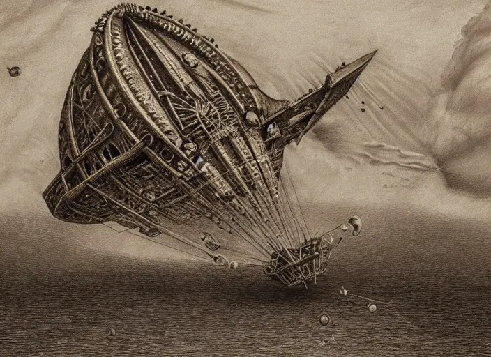 Image similar to detailed drawing of a steampunk spelljammer flying airship, illustrated by agostino arrivabene, hr giger, wayne barlowe, zdzisław beksiński, antiquity ship, ancient and modern, intricate details, clean linework, spacecraft, magical, sails, dragon