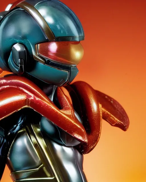 Image similar to helmet portrait of a figurine of samus aran's varia power suit from the sci - fi nintendo videogame metroid. designed by hiroji kiyotake, gene kohler and rodney brunet. metroid zero mission. metroid prime. glossy. masterpiece. intricate cybertronics. shallow depth of field. suit of armor.