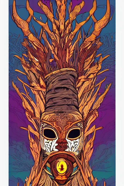 Image similar to animal mask totem roots flower tribal feather gemstone plant wood rock shaman vodoo video game vector cutout illustration vivid multicolor borderlands comics by josan gonzales and dan mumford radiating a glowing aura