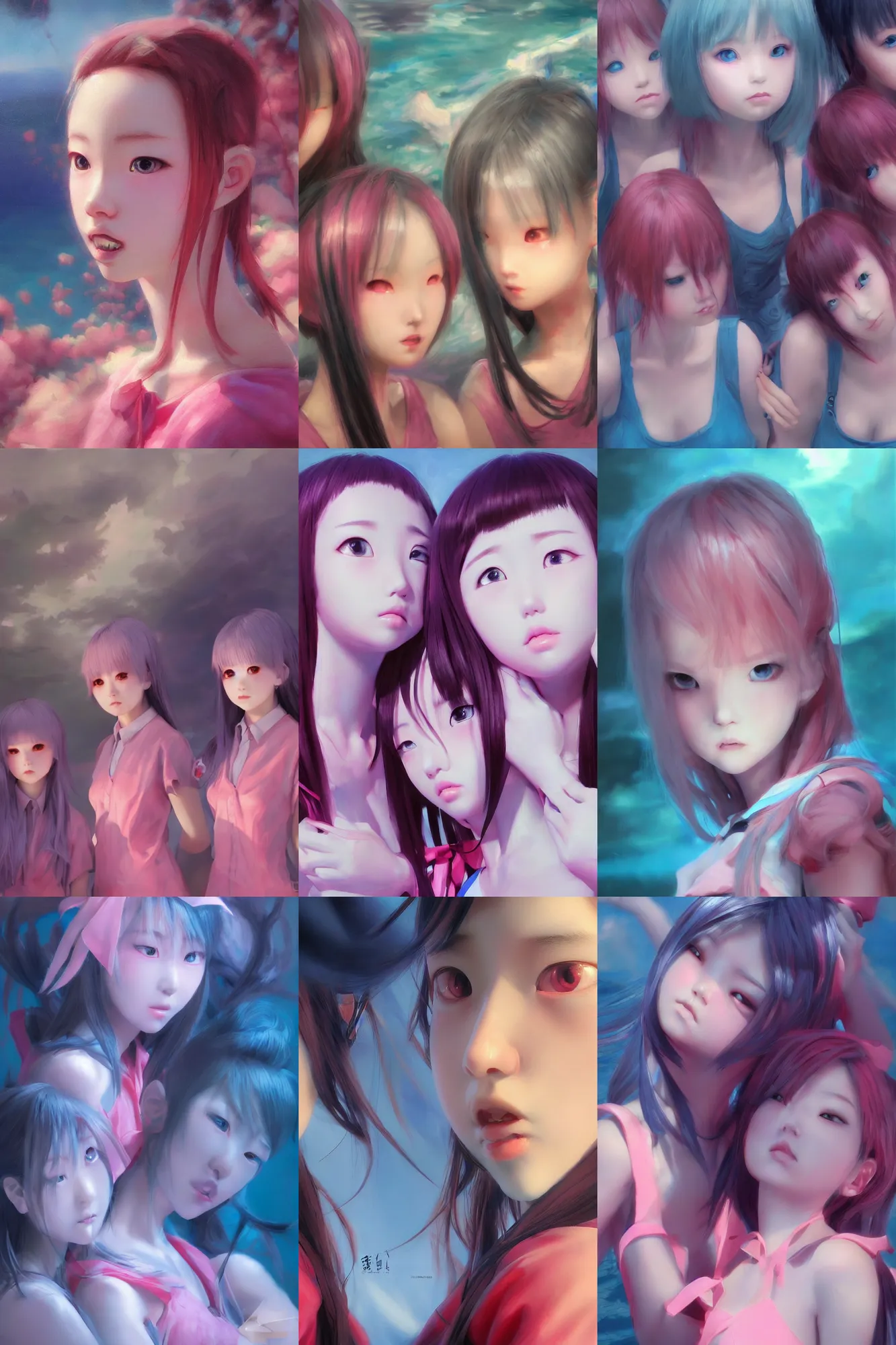 Image similar to 3d dark infrared octane render concept art by D. Jun, by Mo Xiang Tong Xiu, by Igarashi Daisuke, beauty portrait anime schoolgirls under dark pink and blue water. cute face. dramatic light, trending on artstation, oil painting.