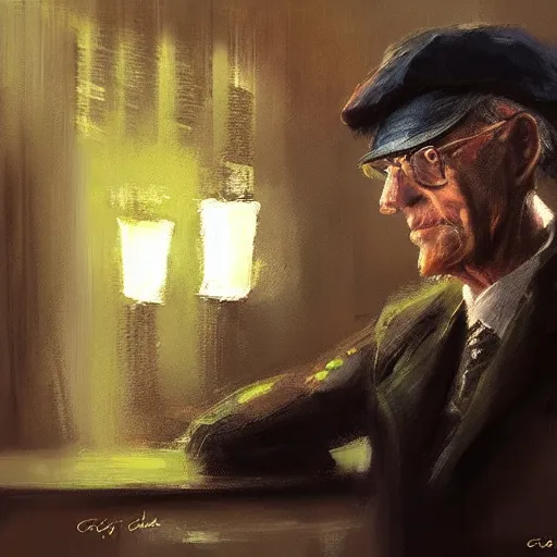 Image similar to Portrait of an oldman using a beret siting in a bar, looking to the camera, artwork by Craig Mullins, black background, trending on artstation, dramatic cinematic candle light