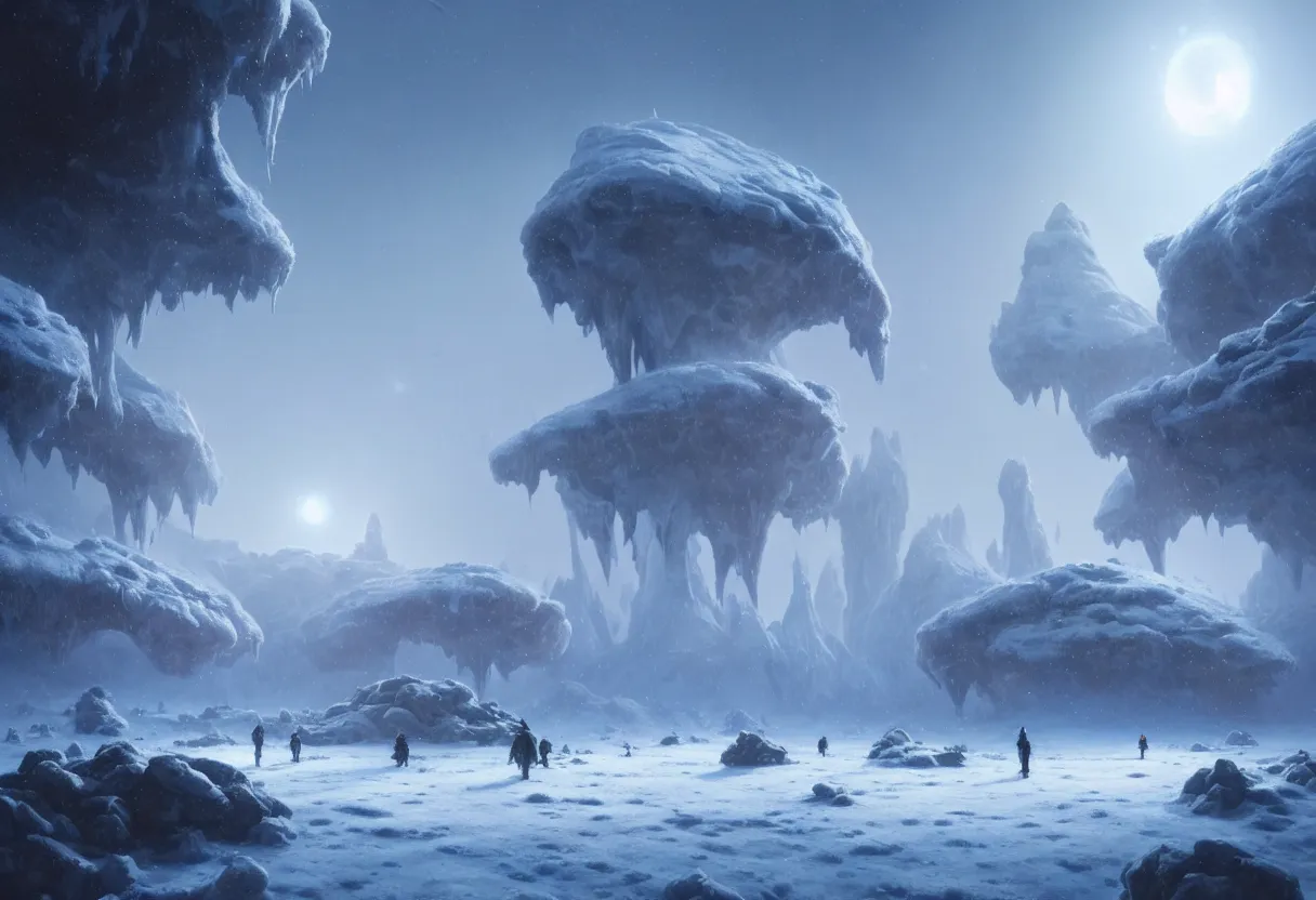 Prompt: ground level view of the frozen winter alien planet with morning fog, ultra high definition, ultra detailed, matte painting, by greg rutkowski and ross tran and wlop