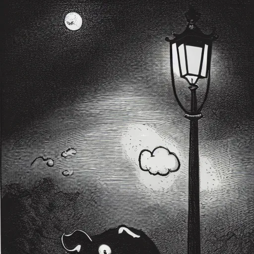 Image similar to pig in a tuxedo, illustration by Gustave Doré, moon, clouds, street lamp, high detail, eerie, street lamp, barn, creepy, dark, night, misty, moon, chiaroscuro, film noir