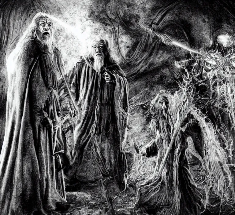 Image similar to frodo!! and gandalf!!, style of h. r. giger, movie still, cinematic