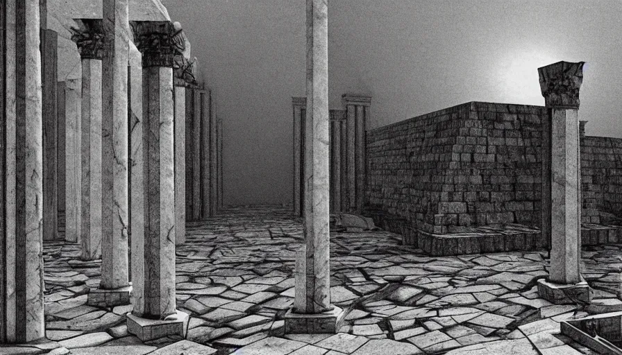 Image similar to 1 9 7 0 s andrei tarkovsky movie still of a pyramid building with columns, by piranesi, panoramic, ultra wide lens, cinematic light, anamorphic, marble hole