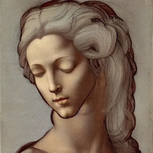 Prompt: beautiful painting of a stunning woman with eyes closed and long flowing hair by michelangelo in 6