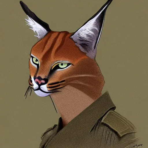 Image similar to Big Floppa caracal wearing military uniform, digital art