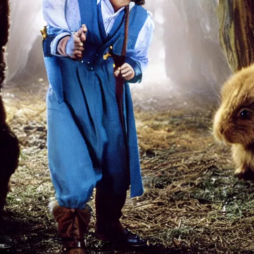 Image similar to Prince Harry as Bartook a teen hobbit with short curly dark brown hair wearing a blue vest with a white sash standing next to a giant rabbit, high resolution film still, movie by Peter Jackson