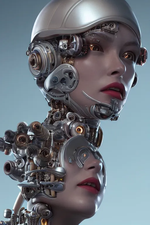 Image similar to close up headshot of a female android, intricately detailed mechanical parts, complicated circuits and wires, unreal engine, path tracing, 8k, artstation