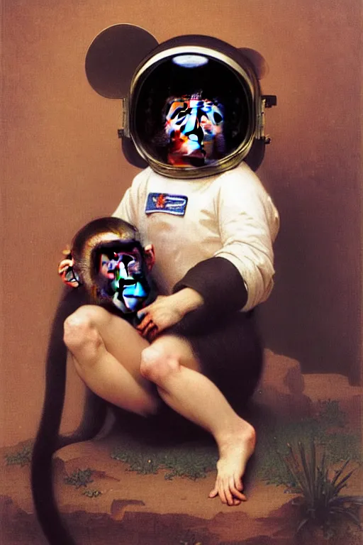 Image similar to portrait of one monkey in astronaut helmet, by bouguereau