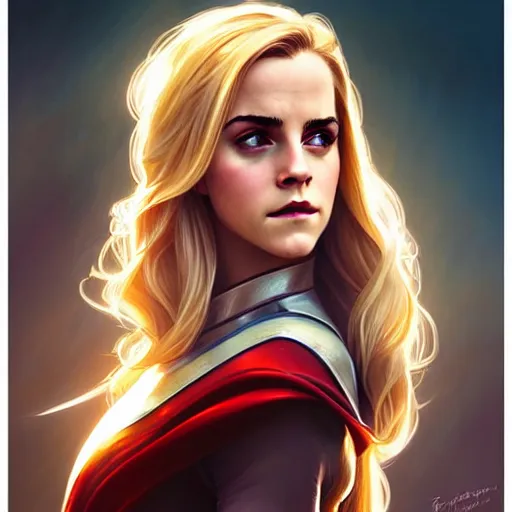 Image similar to Blonde Emma Watson as Super Girl, western, D&D, fantasy, intricate, elegant, highly detailed, digital painting, artstation, concept art, matte, sharp focus, illustration, art by Artgerm and Greg Rutkowski and Alphonse Mucha