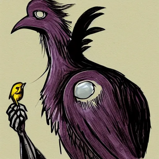 Prompt: a beautiful performance art of a man, with an animal skull for a head, and a large bird perched on his shoulder. the man is looking up at the bird with a fierce expression, and the bird is looking back at him with what seems to be an equally intense gaze. pale violet, concept art world by kuno veeber composed