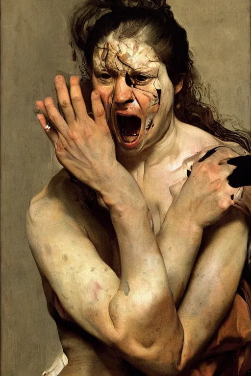 Image similar to a woman enraged, part by Jenny Saville, part by Vermeer