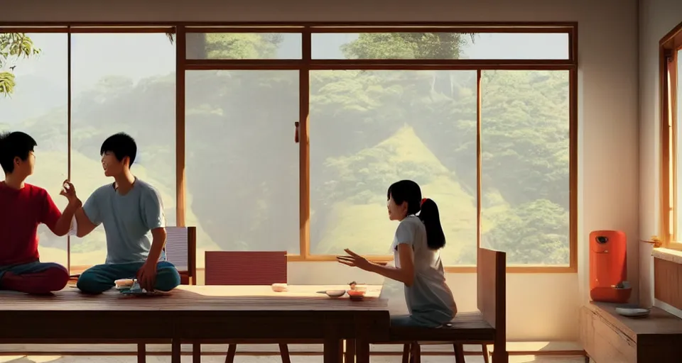 Prompt: wide shot of asian couple hugging at each other, sitting in rural living room, group of table fans placing around the room, day light, colorful mood, high details, octane render, 8 k, digital illustration by kyuyong eom, artstation behance pinterest