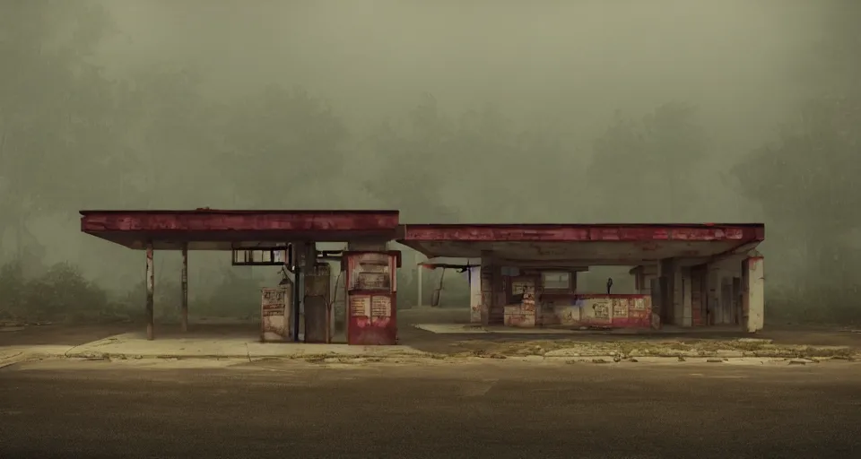 Image similar to Old abandoned gas stations on the side of the road to nowhere, evil, demonic, enchanting, misty, haze, cloudy, angelic, flowers, nature, environment concept, cinematic, cgsociety, dim and dark lighting, cinematic, intricate details, 8k detail post processing, hyperealistic, photo realism, by Edward Hopper