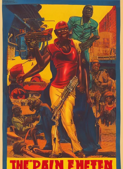 Image similar to pan african propaganda poster. cyberpunk mercenary. portrait by jean giraud and anton otto fischer and john philip falter and will eisner and gil elvgren
