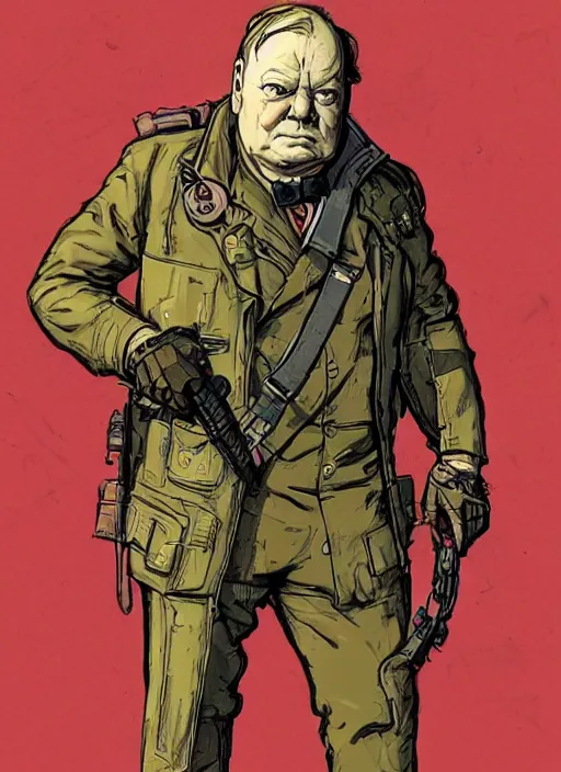 Image similar to winston churchill. cyberpunk mercenary in tactical harness and jumpsuit. portrait by stonehouse and mœbius and will eisner and gil elvgren and pixar. realistic proportions. dystopian. cyberpunk 2 0 7 7, apex, blade runner 2 0 4 9 concept art. cel shading. attractive face. thick lines.