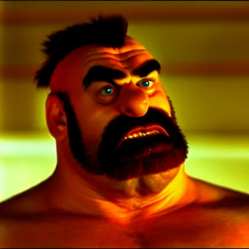 Image similar to mr. bean as zangief from the streetfighter movie. movie still. cinematic lighting.