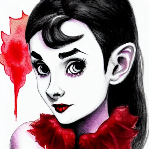 Image similar to an adorable vampire fairy inspired by audrey hepburn and kristen ritter, 8 k resolution whimsical watercolor pencil drawing, deviantart artstation