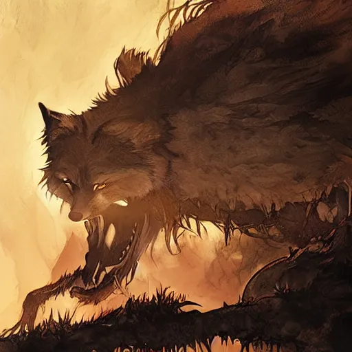 Image similar to king of the wolves. By Travis Charest, James Gurney, and Ashley Wood. dramatic lighting. Magic the gathering. digital painting.