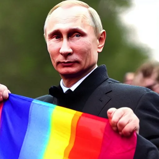 Image similar to a photo of vladimir putin holding a gay pride flag