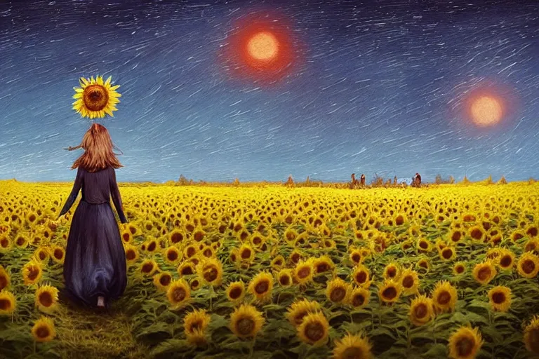 Image similar to huge sunflower head, girl walking in wheat field, hills, surreal photography, dark night, star trails, dramatic light, impressionist painting, clouds, digital painting, artstation, simon stalenhag