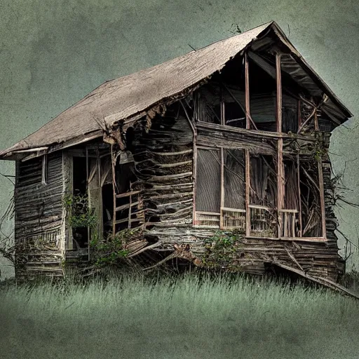 Prompt: a dilapidated house in the wilderness, digital art