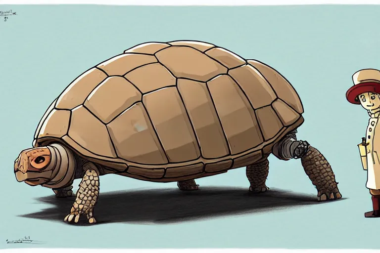 Image similar to a study of a cell shaded cartoon of a beige mechanical tortoise from howl's moving castle ( 2 0 0 4 ), at a gas station, full body, wide shot, very muted colors, post grunge, studio ghibli, laurie greasley, highly detailed, deviantart, art by artgem