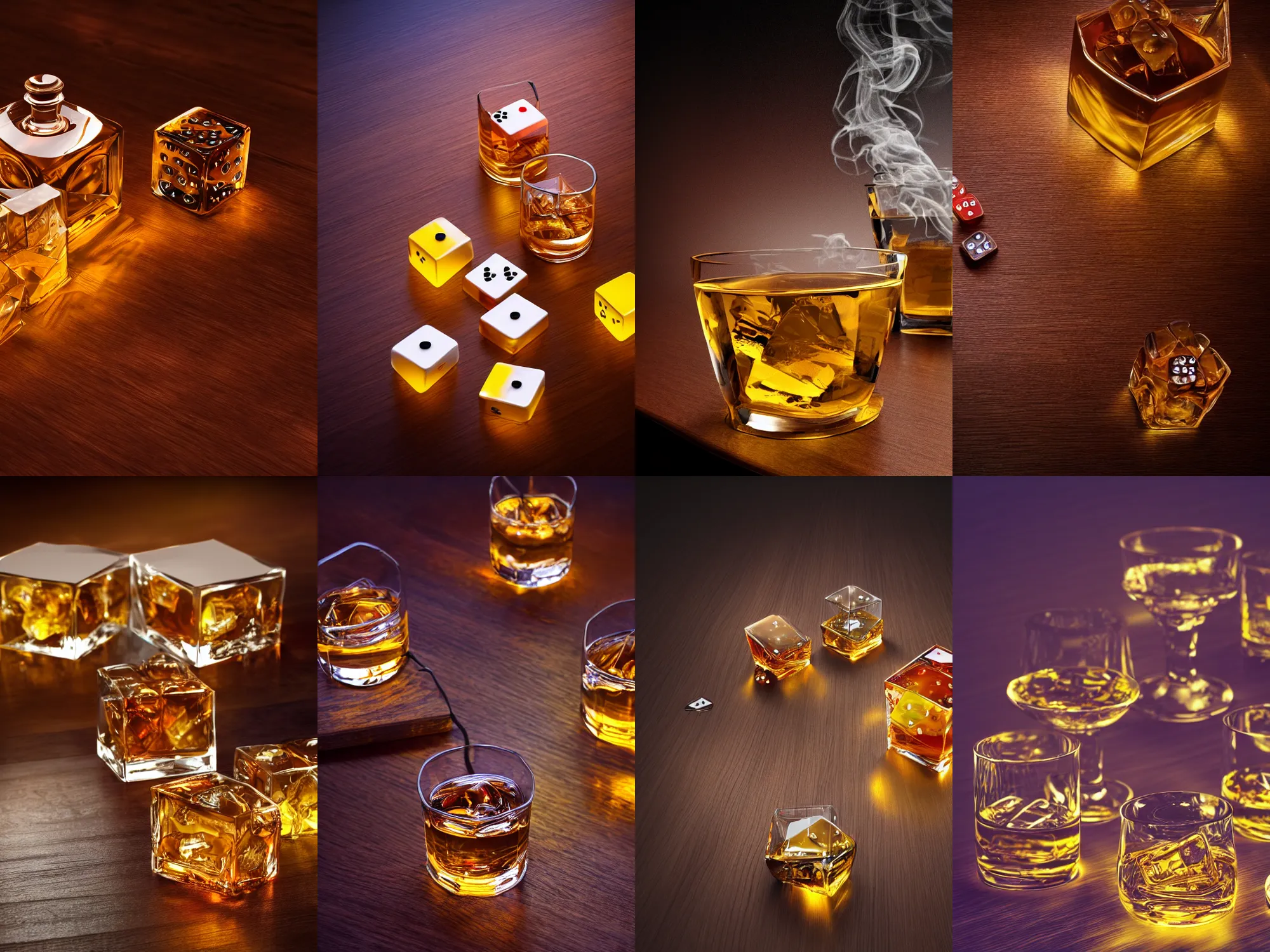 Prompt: dices from color glass bounces, whiskey in glass on table, night lights, 8 k realistic, hyperdetailed, beautiful lighting, detailed background, volume lights, smoke, dof, macro, corona render, redshift render, organic color, dark, warm color, wood