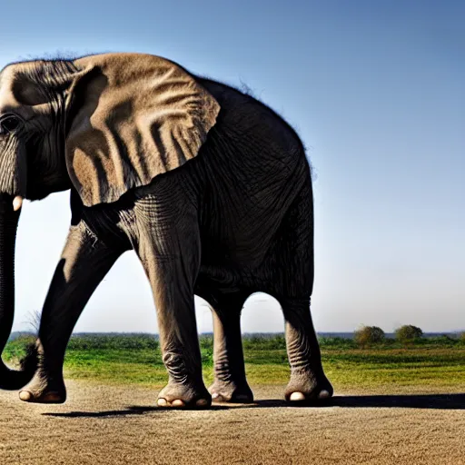 Image similar to a highly detailed panoramic photo by annie leibowitz of a trunkless elephant in the distance. 8 k, super resolution