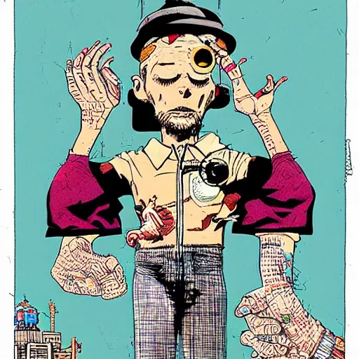 Prompt: powerful psychic guy emitting psychic powers, psychic, psychic powers, magic, by jamie hewlett, by geof darrow, aesthetic!,