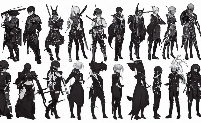 Prompt: roster concept drawing for a high fantasy tactical rpg, anime realism style, characters and weapons, artwork by ilya kuvshinov