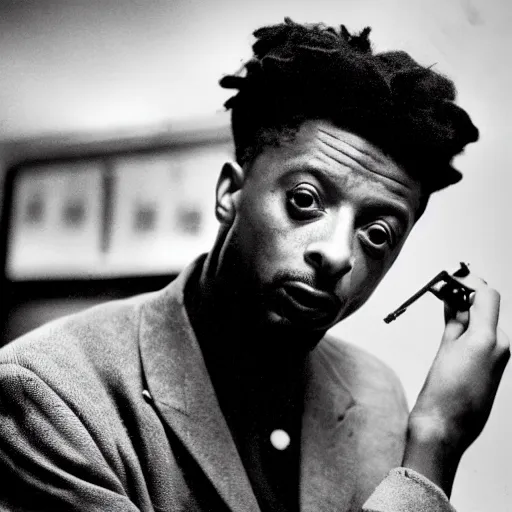 Image similar to vintage noir film still of rapper 21 Savage starring in a Horror film in the style of Wes Craven, shallow depth of field, 1933