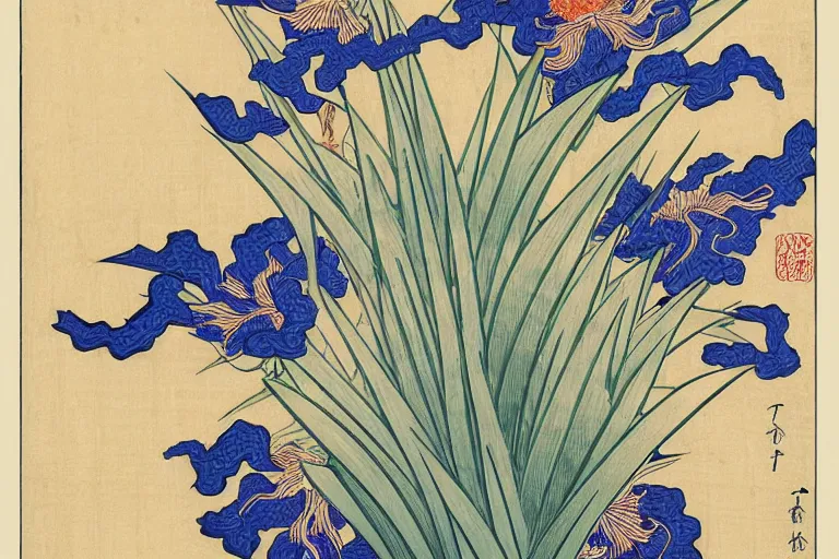 Image similar to a beautiful and hyperdetailed ukiyo - e drawing of tangled irises'leaves and flowers by katsushika hokusai, in style by utagawa kuniyoshi and utagawa hiroshige, japanese print art, intricate composition, elegant, complex!!, illustration, clean 4 k