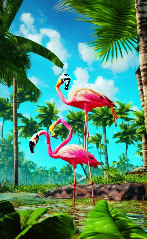 Image similar to unreal engine 5 8 k uhd render of an flamingocore tropicalwave junglepunk abstrafractalmancer, photorealistic, animal photography, photo safari, fashion shoot, lush tropical surroundings, volumetric lighting, sunlight, 1 0 5 mm lens