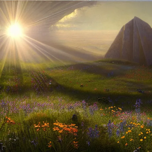 Prompt: rhythmic interval tectonic surfaces as resonant waves of harmonic organic mystical megastructure crystal lattice pyramid architectures exploding with light and god rays in a meadow full of wildflowers by albert bierstadt, by glen small, by giovanni battista piranesi, photorealistic, god rays, octane render, depth of field, volumetric light, volumetric fog, holy spirit