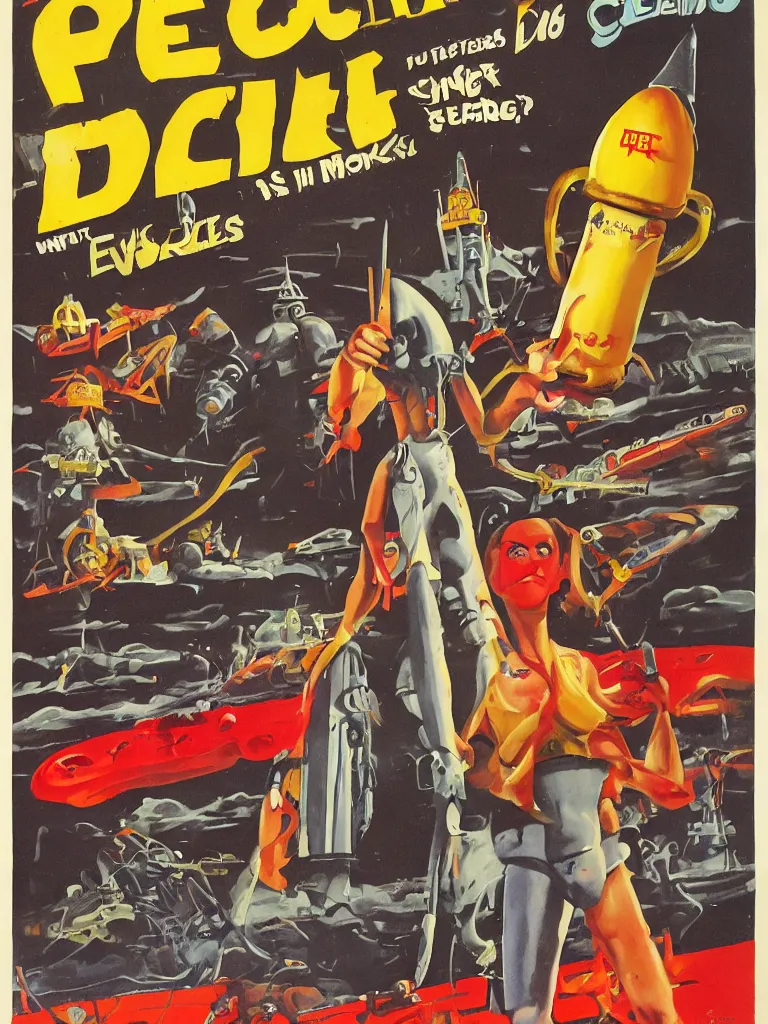 Image similar to evil cheeseburger stands on a beach rockets are landing in the background, forbidden planet, pulp sci fi, poster