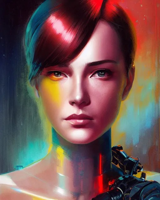 Image similar to dark portrait of a half - robot woman with cute - fine - face, pretty face, multicolored hair, realistic shaded perfect face, fine details by realistic shaded lighting poster by ilya kuvshinov katsuhiro otomo, magali villeneuve, artgerm, jeremy lipkin and michael garmash and rob rey