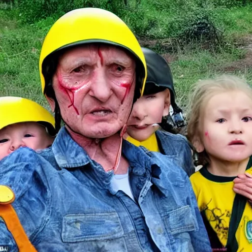 Prompt: selfie of the last surviving ukrainian with children with evil faces, all in helmets with weapons, wild pain and damage to the body burns alive to the bone, painted in dirty yellow - blue colors, a huge nuclear explosion is approaching in the background, a very detailed photo