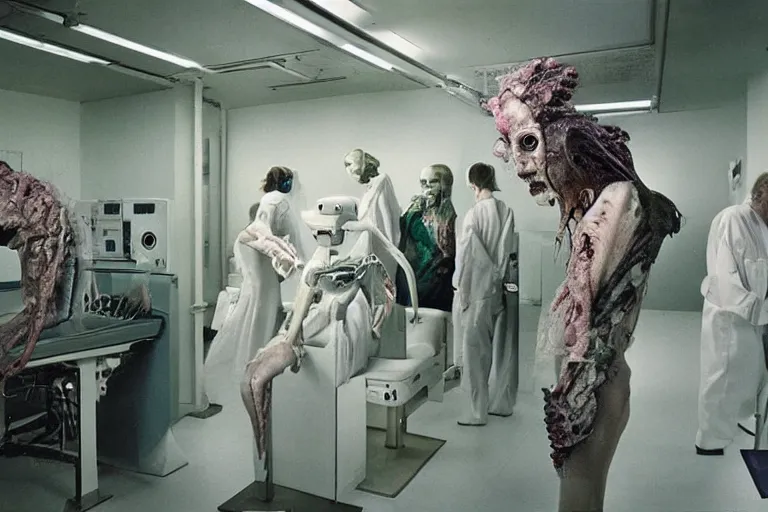 Prompt: 35mm color, lost photo, portrait, fashion shoot, weird, random, strange, spooky, hyperdetailed, photorealistic, high fashion, interesting, medical research facility, by David Cronenberg and WETA digital