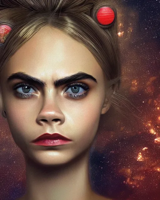 Image similar to closeup face profile portrait of cara delevingne as a soviet chernobyl space toy, bikini, depth of field, zeiss lens, detailed and intricate environment, fashion photoshoot by nicoletta ceccoli, mark ryden, lostfish, breathtaking, 8 k resolution, artistic, hyperrealistic, octane render