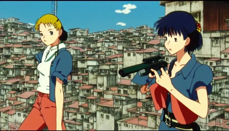 Image similar to 1 9 8 6 anime screencap of a girl with a gun on a rio de janeiro anime, by hayao miyazaki, studio ghibli, beautiful favela background extremely utra high quality artwork 8 k