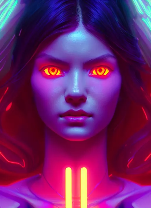 Image similar to beautiful neon woman, by greg rutkowski, symmetry, concept art by artgerm, distance render portrait of a hyper realistic, pixar, intense, epic, powerfull, alphonse mucha, octane render, highly detailed, high quality, 8 k, soft lighting, path traced, and uang guangjian and gil elvgren, symmetry!!